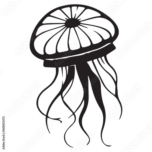 An ethereal jellyfish silhouette isolated on white background gracefully floats, capturing the mystique of the deep sea