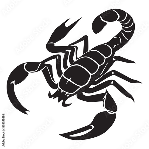 A menacing black silhouette of a scorpion, isolated on white background, embodies the danger and mystery of the desert, with its venomous sting and formidable claws