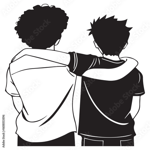 Two young boys stand side by side with their arms around each others shoulders, showcasing a strong bond of friendship and support