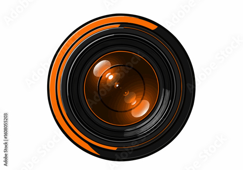 Illustration of a detailed camera lens with orange accents and internal light reflections shown clearly