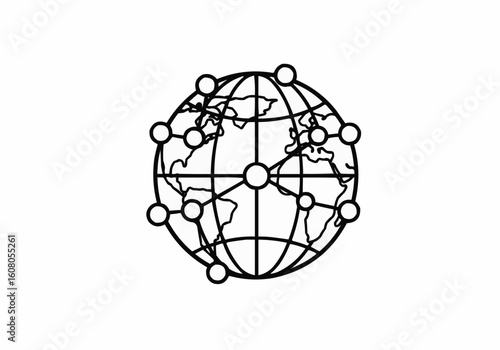 Outline of a world globe surrounded by connected circles representing global network connections