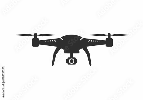 Silhouette of a drone with camera and propellers in a minimalist style against a white background