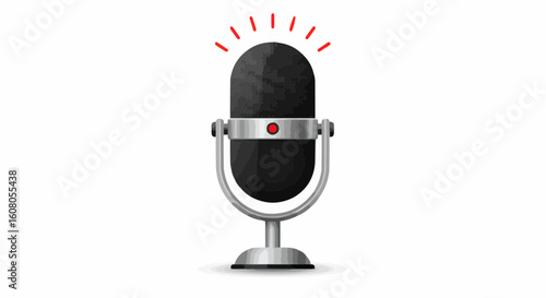 Illustration of a vintage microphone with red radiating lines indicating sound recording in progress