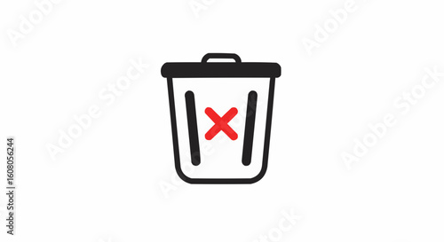Illustration of a black and white trash can with a red x in the center indicating deletion or removal icon