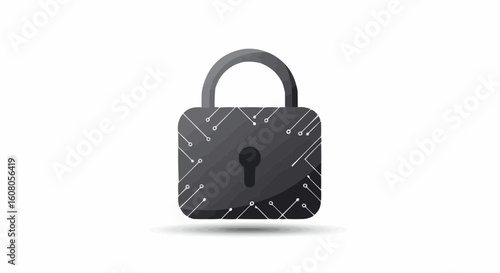 Illustration of a gray padlock with white circuit lines on a white background and a shadow below