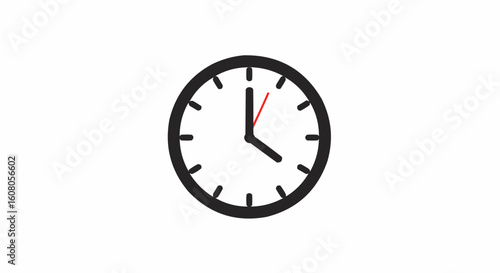 A simple black clock with a red second hand showing the time is exactly four o clock on a white background
