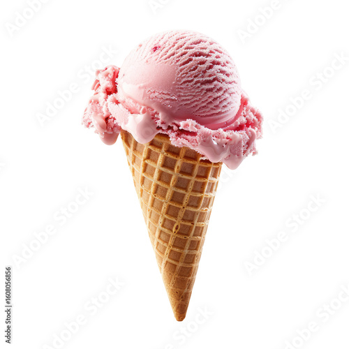 A single scoop of pink ice cream in a waffle cone