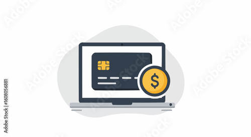 Laptop showing a credit card and a dollar coin representing online banking and digital transactions now
