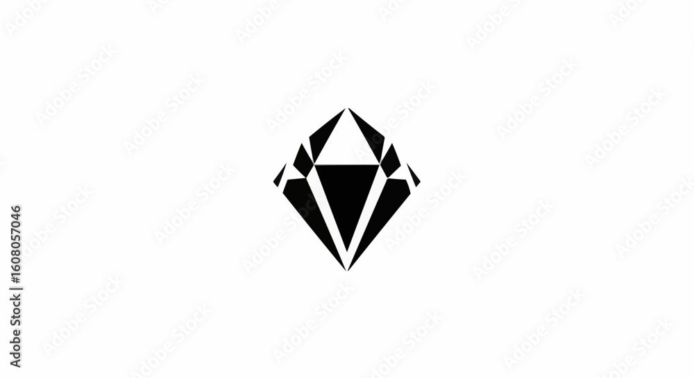 A minimalistic black diamond shape with sharp edges and facets on a white background design element