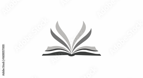 Illustration of an open book with pages fanning out in shades of gray on a white background