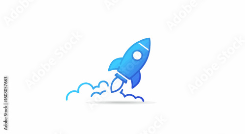 Illustration of a blue rocket ship taking off with smoke trails against a white background design space