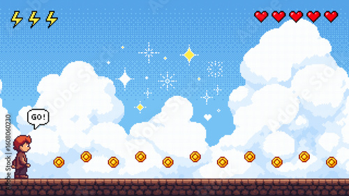 Pixel art game level with a man on a platform and floating coins. Retro gaming concept design for app development.