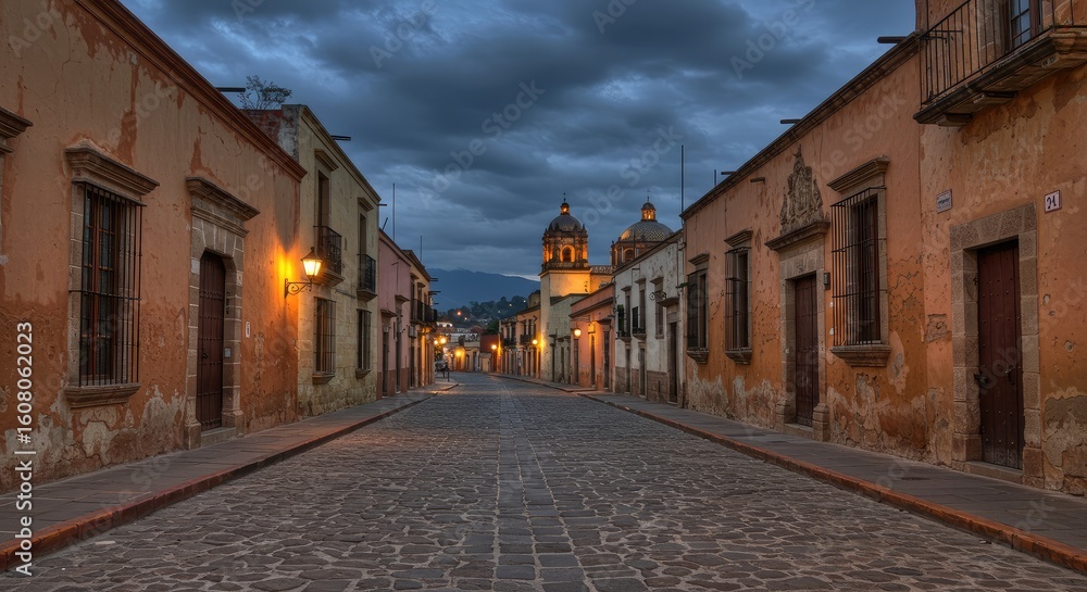 Obraz premium A quaint, cobblestone street in a historic town at twilight. Buildings of warm terracotta hues line the street