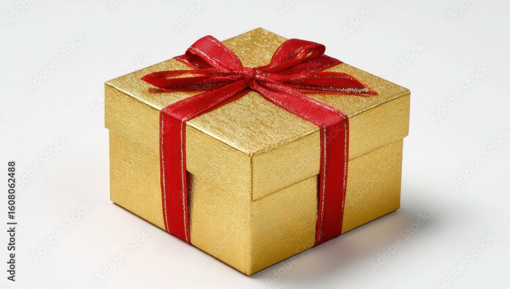 Fototapeta premium A beautifully wrapped golden gift box with a vibrant red ribbon offers a sense of celebration and anticipation for a special occasion.