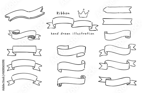 手描き風のシンプルなリボンのセット　モノクロ