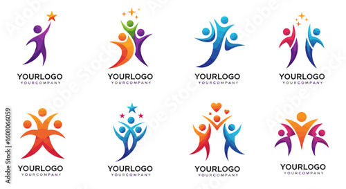 Collection of colorful abstract people logos with dynamic poses, celebrating unity and success.