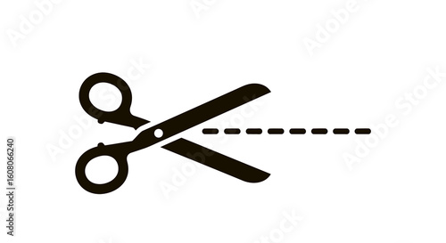 Minimalist black icon of open scissors with a dashed cutting line symbol.