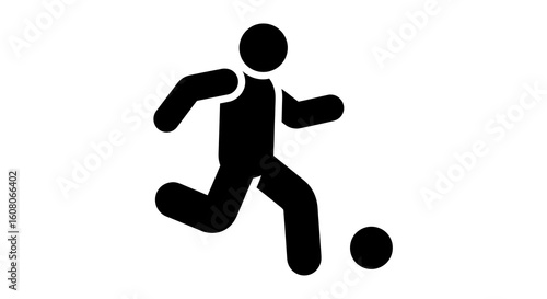 Minimalist black silhouette icon of a soccer player in a dynamic running pose, dribbling a ball.