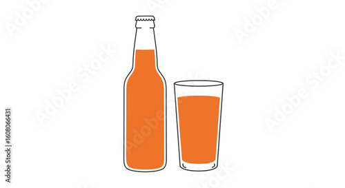 Orange Beverage Bottle and Glass with Black Outline Illustration