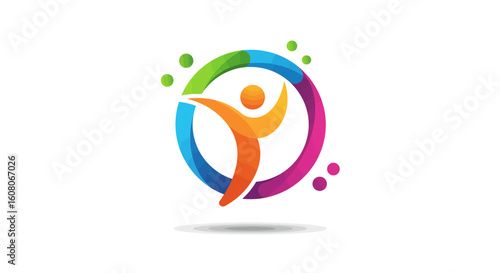 Stylized human figure with raised arms in a dynamic, colorful circular logo with gradients.