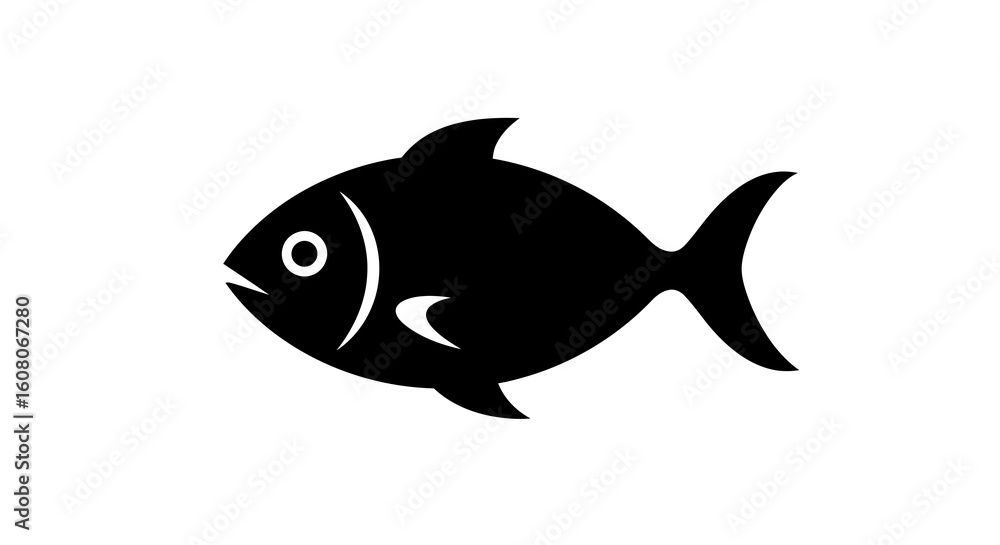 Obraz premium Simple Black Fish Silhouette with Eye, Fins, and Tail, Isolated.