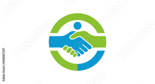Blue and Green Handshake Logo with Circular Frame Design