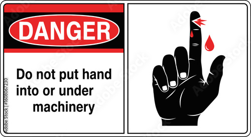 Danger: Injured Hand Graphic, Black Silhouette, Bleeding Fingertip, Warning Sign Illustration