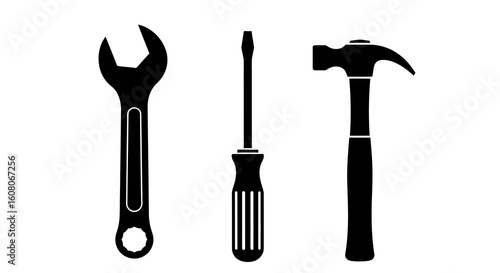 Minimalist black graphic icons of essential hand tools: a spanner wrench, a flathead screwdriver, and a claw hammer.