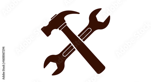 Solid brown graphic icon of a crossed claw hammer and a double open-ended wrench, a symbol of tools and repair.