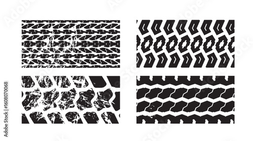 Tire tread tracks. Car, motorcycle and bicycle mark prints. Rally bike wheel dirty traces.