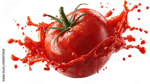Realistic 3D red tomato with juicy ketchup splash flying on transparent background