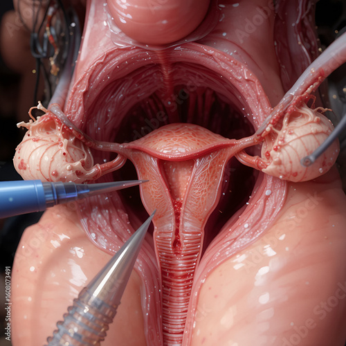 Medically accurate illustration of hysteroscopy of uterus. The appearance of the disease endometriosis. 3d illustration
