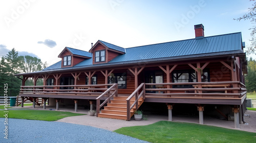 Exterior of horse ranch with large wooden walkout deck