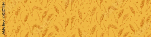 Seamless pattern with hand drawn wheat ears and grains. Vector illustration.
