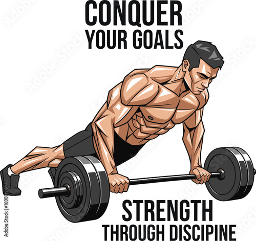 ChatGPT said:
🏋️‍♂️ CONQUER YOUR GOALS 🏋️‍♂️
Fierce fitness artwork of a shredded man balancing on a barbell—perfect for gym brands and lifestyle gear. Discipline fuels greatness—download now