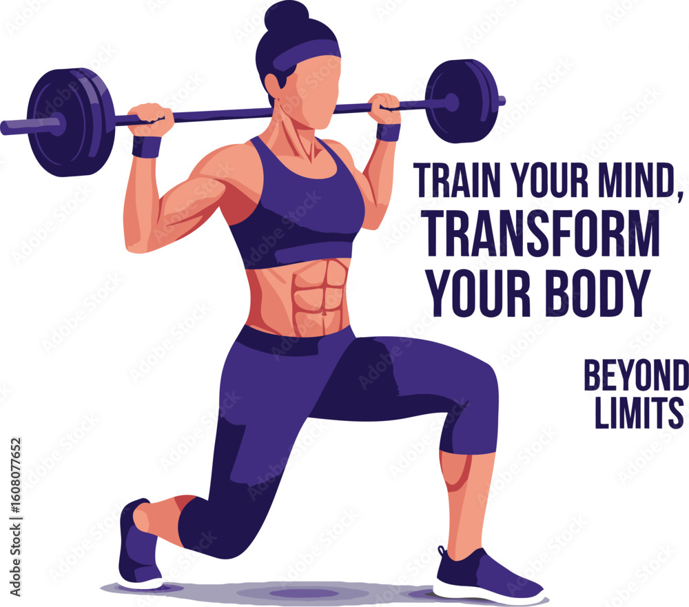 Obraz premium 🏋️♀️🔥 UNLEASH STRENGTH, SCULPT CONFIDENCE! 🔥🏋️♀️ Dynamic vector of a strong woman doing barbell lunges with motivational text—perfect for fitness brands, posters, and mindset coaching. Download