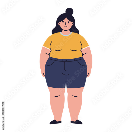 Front view of overweight woman with high body fat level in yellow top and jeans