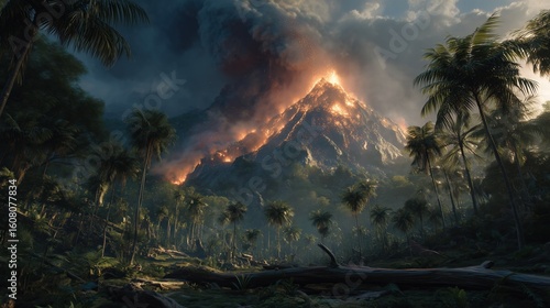 Hyper-realistic volcanic eruption in tropical jungle valley, glowing lava flows igniting forests with thick smoke, fallen logs foreground, dramatic apocalyptic lighting