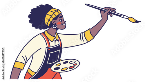 Illustration of a smiling dark skinned woman artist painting with a brush and holding a color palette