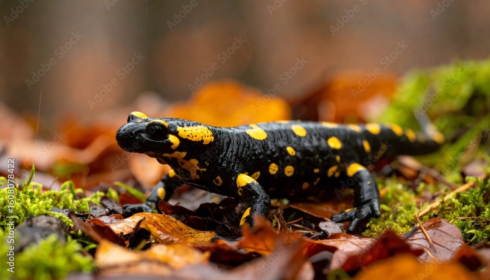 Obraz premium Fire Salamander on forest floor at night