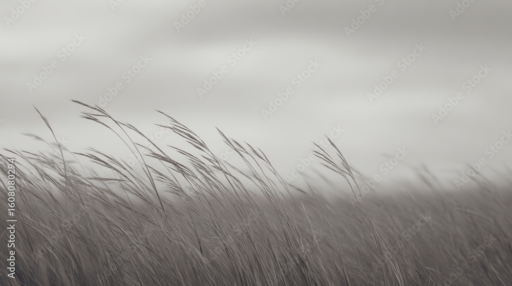 Obraz premium Tall grasses sway gently in a calm, overcast landscape with a soft, muted sky in the background.