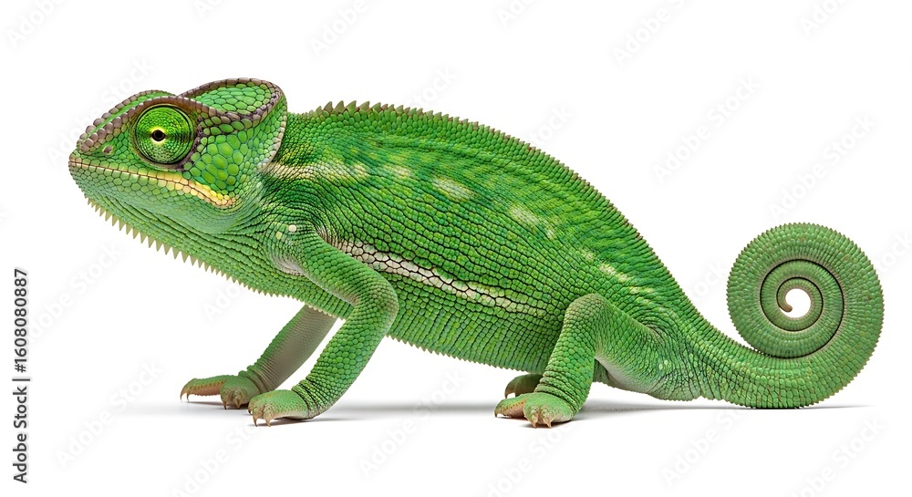 Obraz premium A vibrant green chameleon is shown in profile against a clean white background.