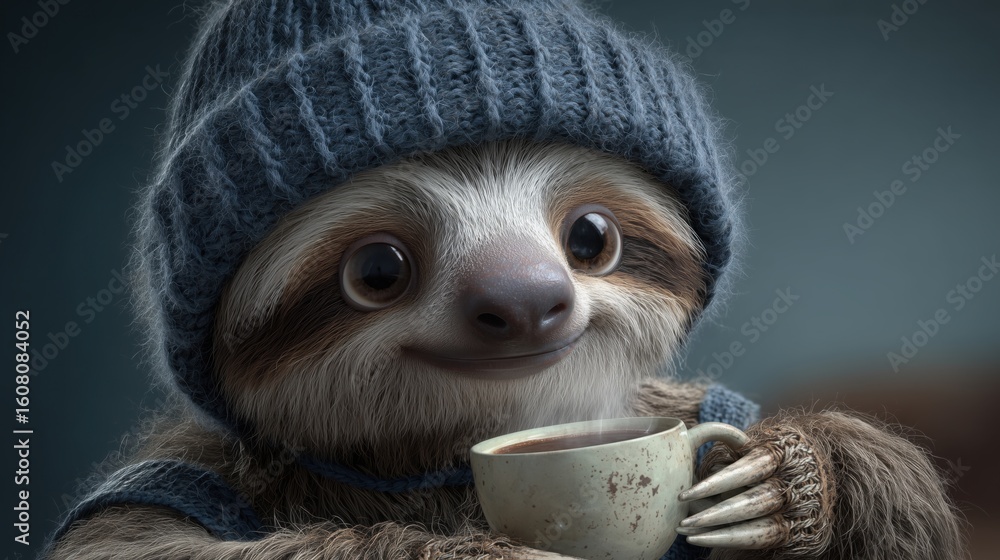 Fototapeta premium Adorable 3D Sloth Wearing Knit Hat Holding a Warm Coffee Mug