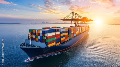 A container ship transporting cargo at a bustling port under a vibrant sunset  long title A massive container ship laden with colorful cargo