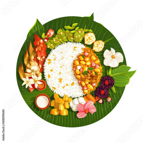 Vibrant South Asian Feast with Rice, Lentils, and Fresh Vegetables on Banana Leaf on transparent background