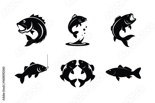 Collection of six dynamic black fish silhouettes in various poses and styles