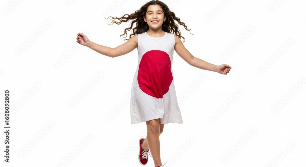 Cheerful teenage girl in dress with Japan flag design, studio shot Cheerful teenage girl in dress with Japan flag design, studio shot
