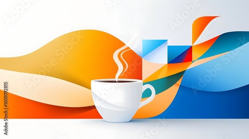 Abstract cubist of a faceted coffee cup against a stylized landscape