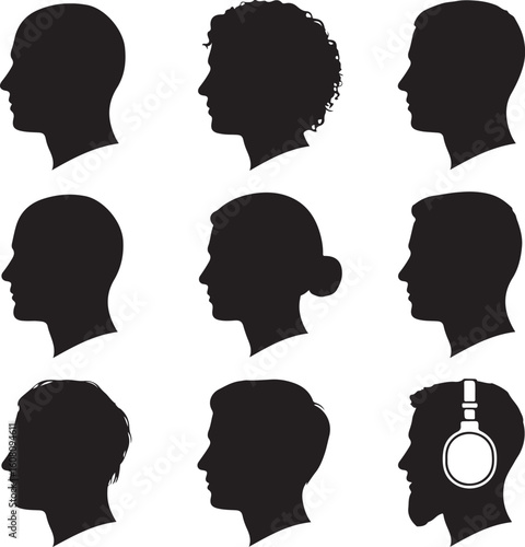 Diverse human head profiles silhouette heads