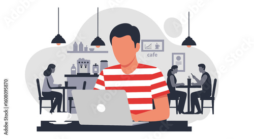 Man working on laptop in a cafe, perfect for illustrating remote work, coworking spaces, or coffee shop culture.